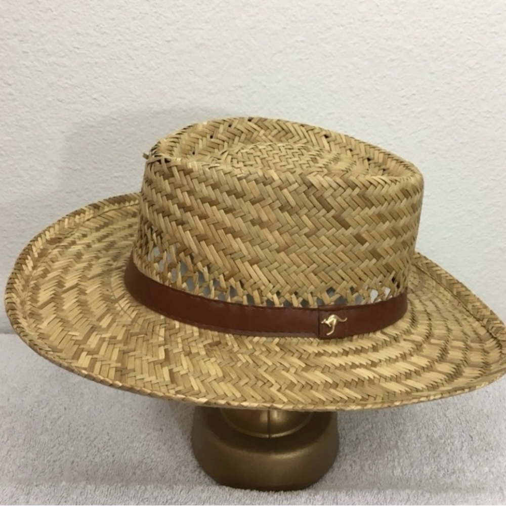 Vintage Women’s DP Outdoors Tan Straw Faux Leather Trim Fedora Hat Size Medium